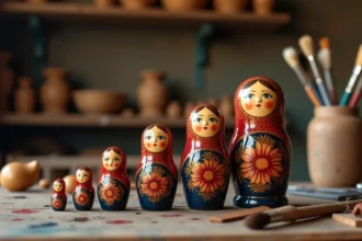 Série de poupées matriochkas russes traditionnelles ouvertes sur une table en bois rustique dans un atelier d'artisan