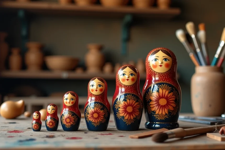 Série de poupées matriochkas russes traditionnelles ouvertes sur une table en bois rustique dans un atelier d'artisan