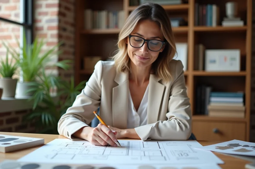 Femme étudiant les plans d'un projet de rénovation à domicile avec des échantillons de matériaux sur une table en bois