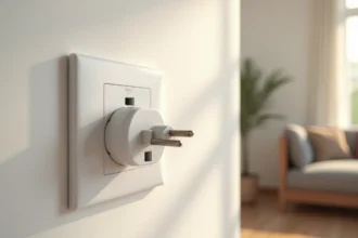 Prise double Legrand Dooxie blanche montée sur un mur peint dans un salon moderne, vue rapprochée détaillant la finition mate et les connecteurs