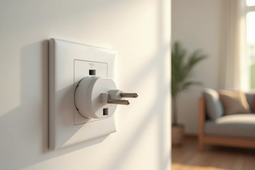 Prise double Legrand Dooxie blanche montée sur un mur peint dans un salon moderne, vue rapprochée détaillant la finition mate et les connecteurs
