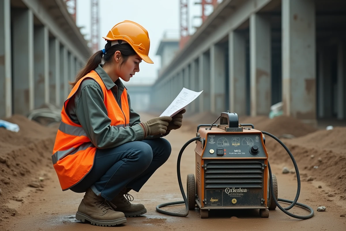 Professionnelle du bâtiment consultant une fiche technique sur le fil fourré Parkside lors d'un chantier extérieur avec machine à souder MIG