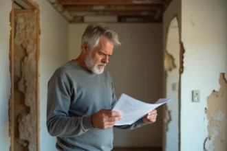 Propriétaire mécontent inspectant des malfaçons dans une maison en rénovation énergétique
