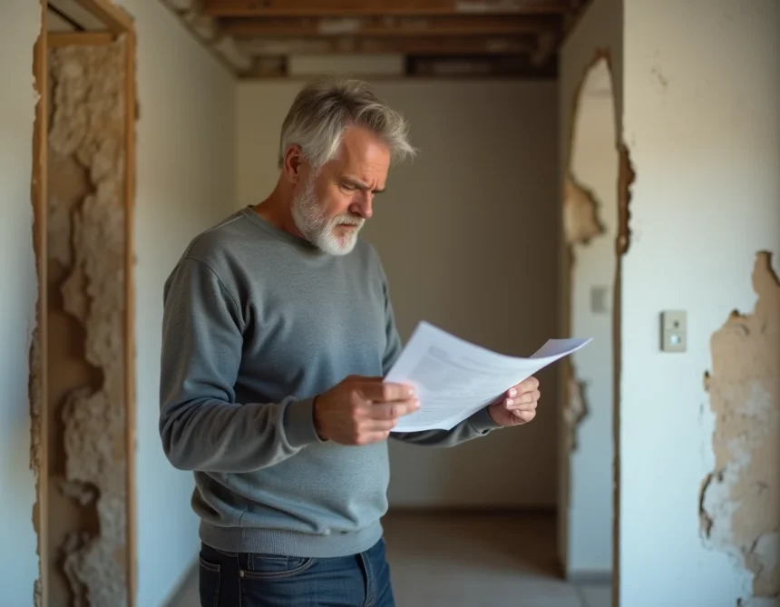 Propriétaire mécontent inspectant des malfaçons dans une maison en rénovation énergétique