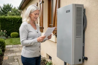 Propriétaire devant une pompe à chaleur air-eau installée en extérieur, tenant un document relatif à MaPrimeRénov