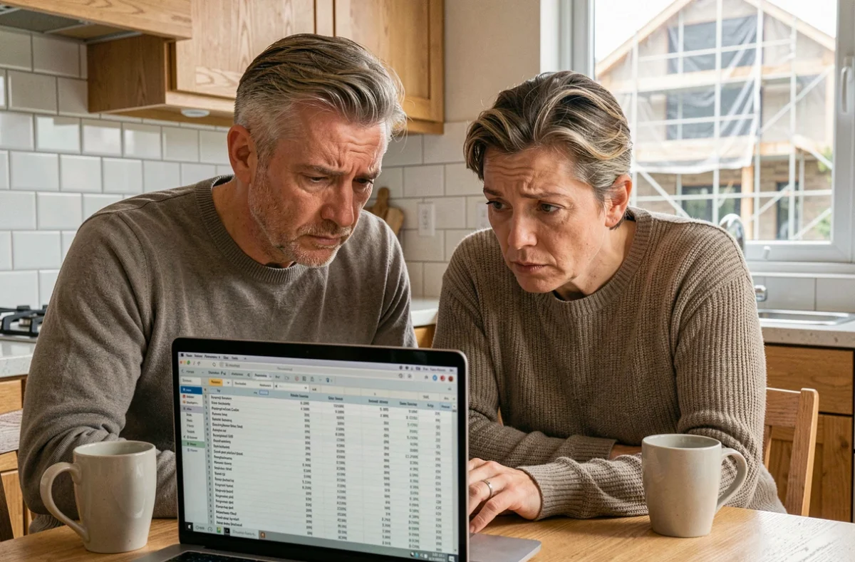 Couple de propriétaires analysant le budget d'une surélévation de maison sur ordinateur