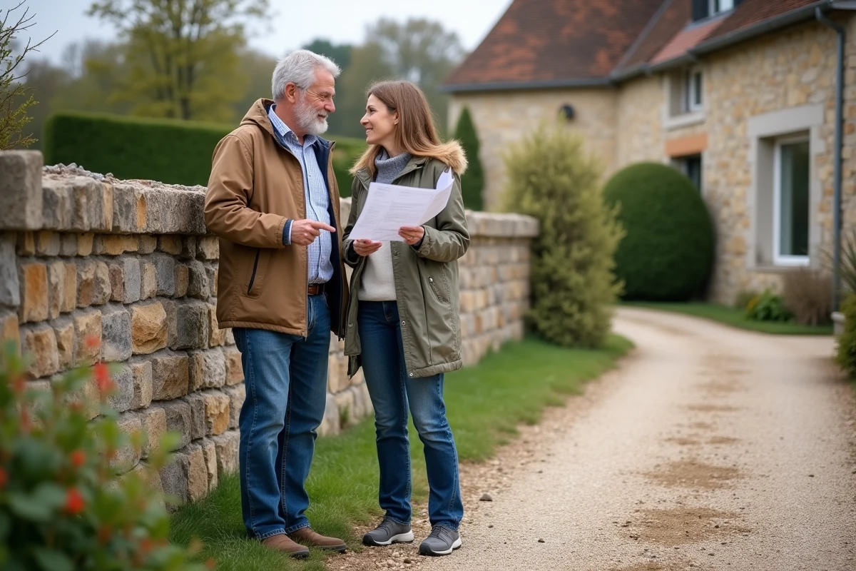 Couple de propriétaires évaluant le coût d'un mur en pierre de moellon autour de leur maison de campagne rénovée