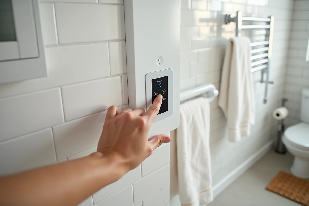 Mains réglant le panneau de commande numérique d'un sèche-serviette électrique soufflant silencieux avec mode discret activé