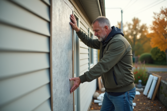 Homme appliquant des panneaux d'isolation sur un mur extérieur