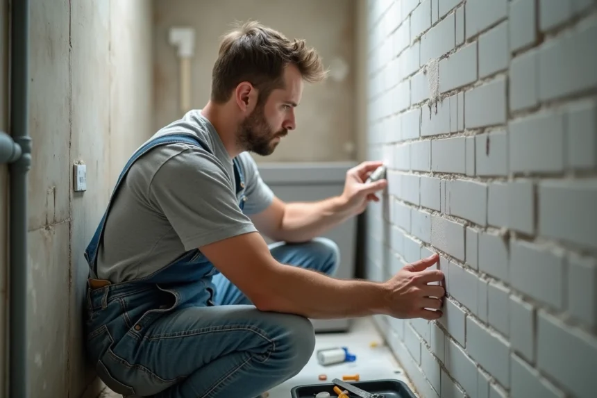 Artisan rénovant une petite salle de bain étroite en posant du carrelage blanc avec des outils de bricolage