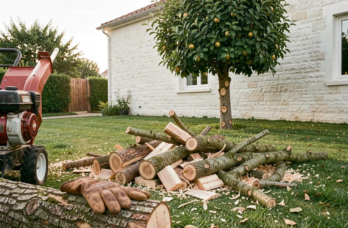 Branches et copeaux de bois après une séance d'élagage dans un jardin à Pau avec broyeur de végétaux et arbre fruitier taillé