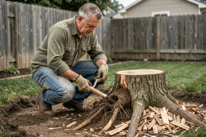 Homme retirant une souche d'arbre manuellement dans un jardin résidentiel avec une pioche et des gants de travail