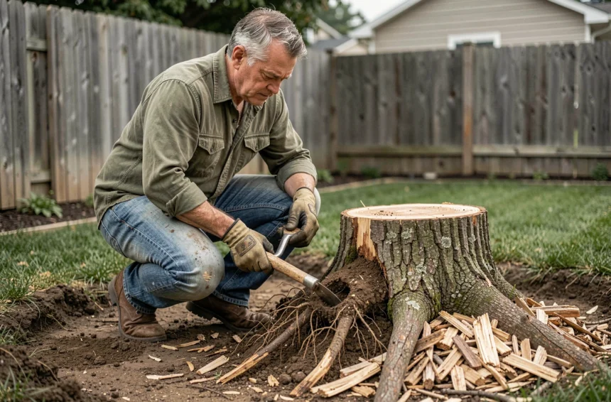 Homme retirant une souche d'arbre manuellement dans un jardin résidentiel avec une pioche et des gants de travail