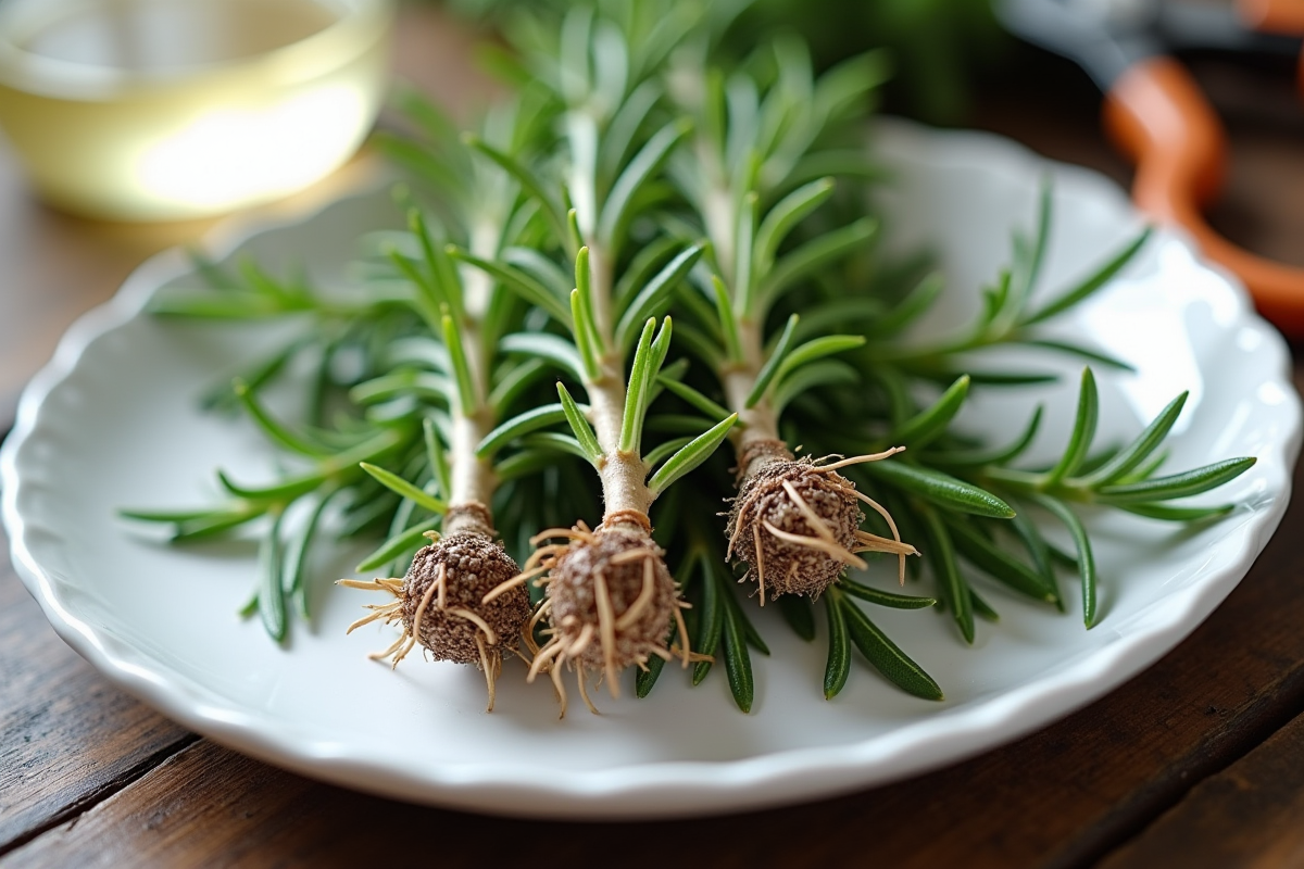 Racines de romarin saines sur une assiette blanche avec outils de jardinage