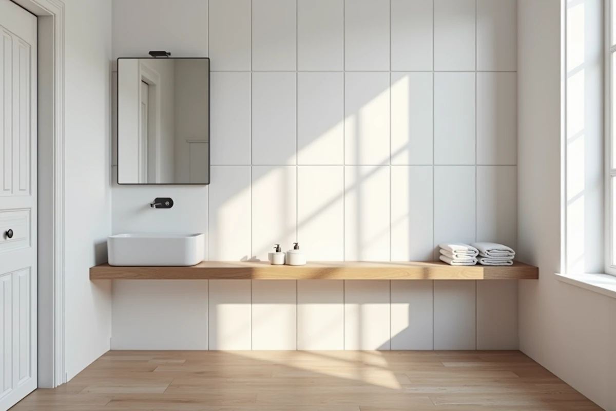 Salle de bain étroite rénovée avec rangements astucieux et carrelage blanc pour optimiser l'espace