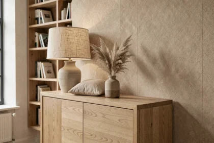 Salon scandinave avec papier beige, bois de chêne clair et matières naturelles comme le lin et le jonc