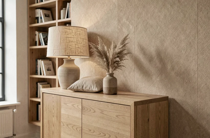 Salon scandinave avec papier beige, bois de chêne clair et matières naturelles comme le lin et le jonc