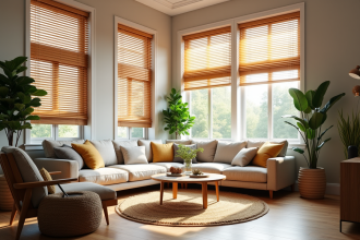 Salon moderne avec volets en bois naturel et plantes vertes