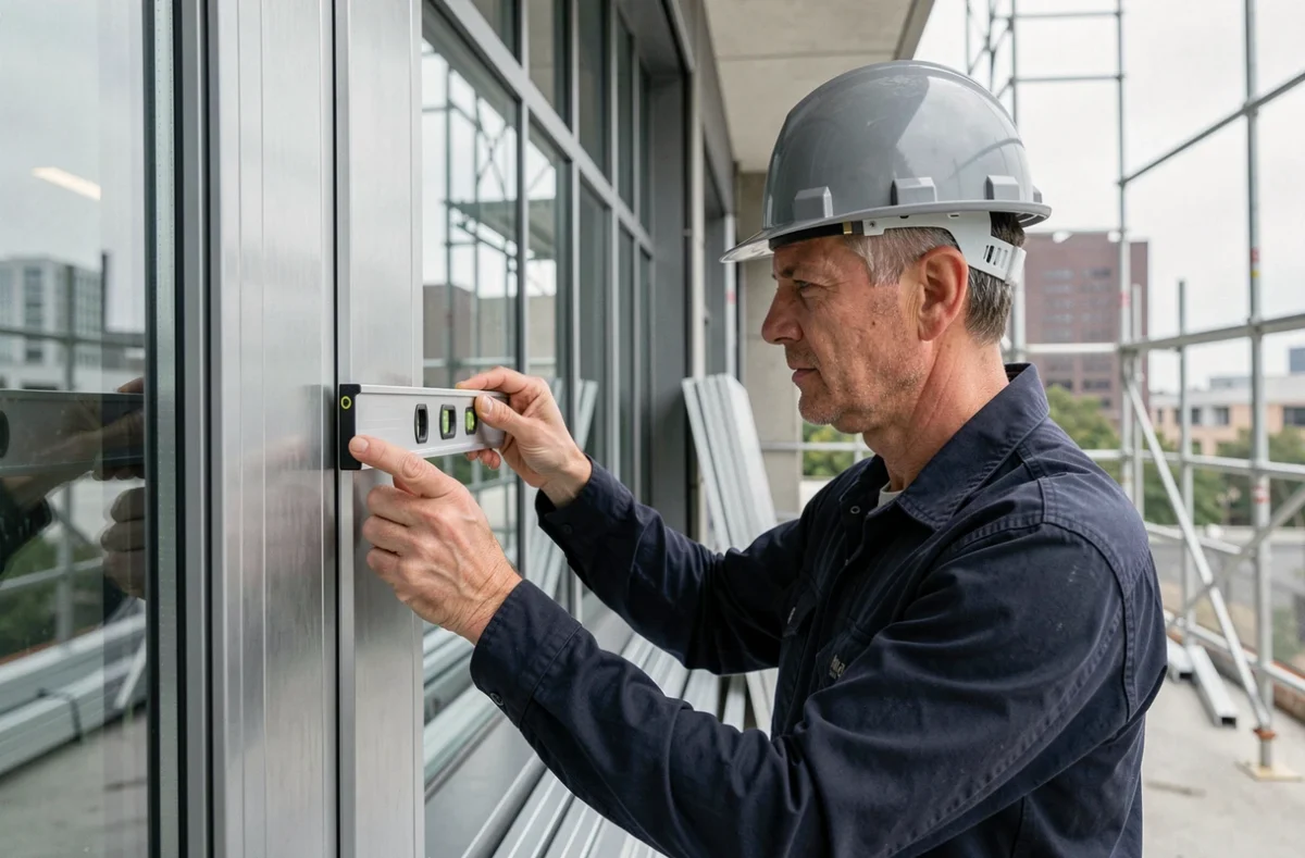Technicien de SARL Menuiserie Brossier posant un profil de fenêtre en aluminium sur la façade d'un bâtiment commercial