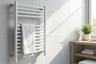 Sèche-serviette électrique blanc à barreaux fins monté sur carrelage gris dans une salle de bain épurée et moderne