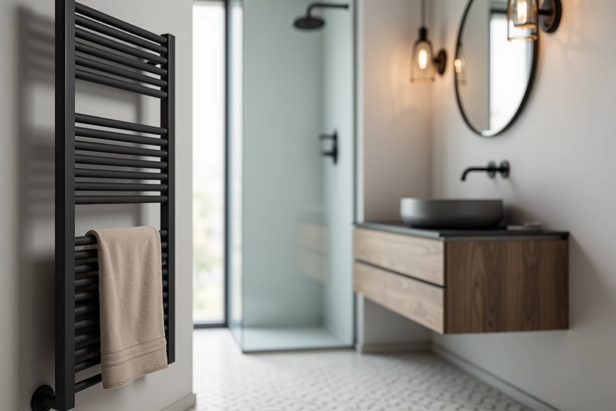 Sèche-serviette soufflant silencieux anthracite ultra-plat dans une salle de bain scandinave compacte avec carrelage hexagonal