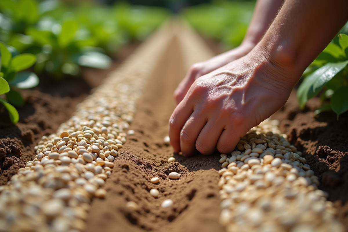 Mains plantant des graines dans le sol riche du jardin