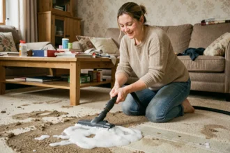 Femme utilisant une shampouineuse sur un tapis très sale dans un salon domestique