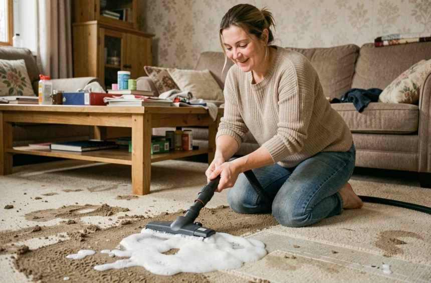 Femme utilisant une shampouineuse sur un tapis très sale dans un salon domestique