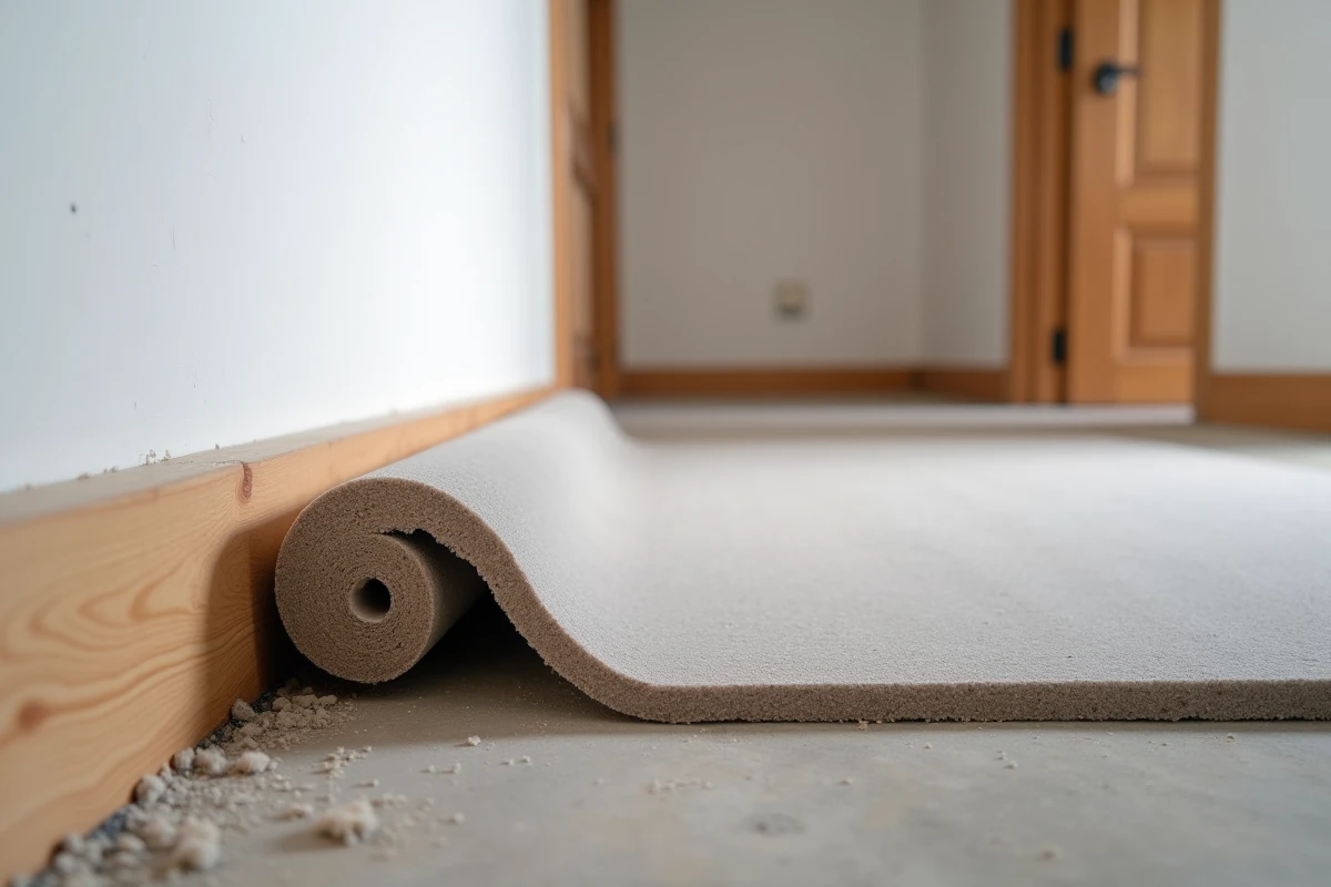 Sous-couche acoustique antivibration déroulée sur béton brut avant ragréage dans un appartement