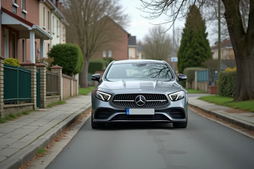 Voiture stationnée sur le trottoir devant une maison résidentielle bloquant le passage piéton