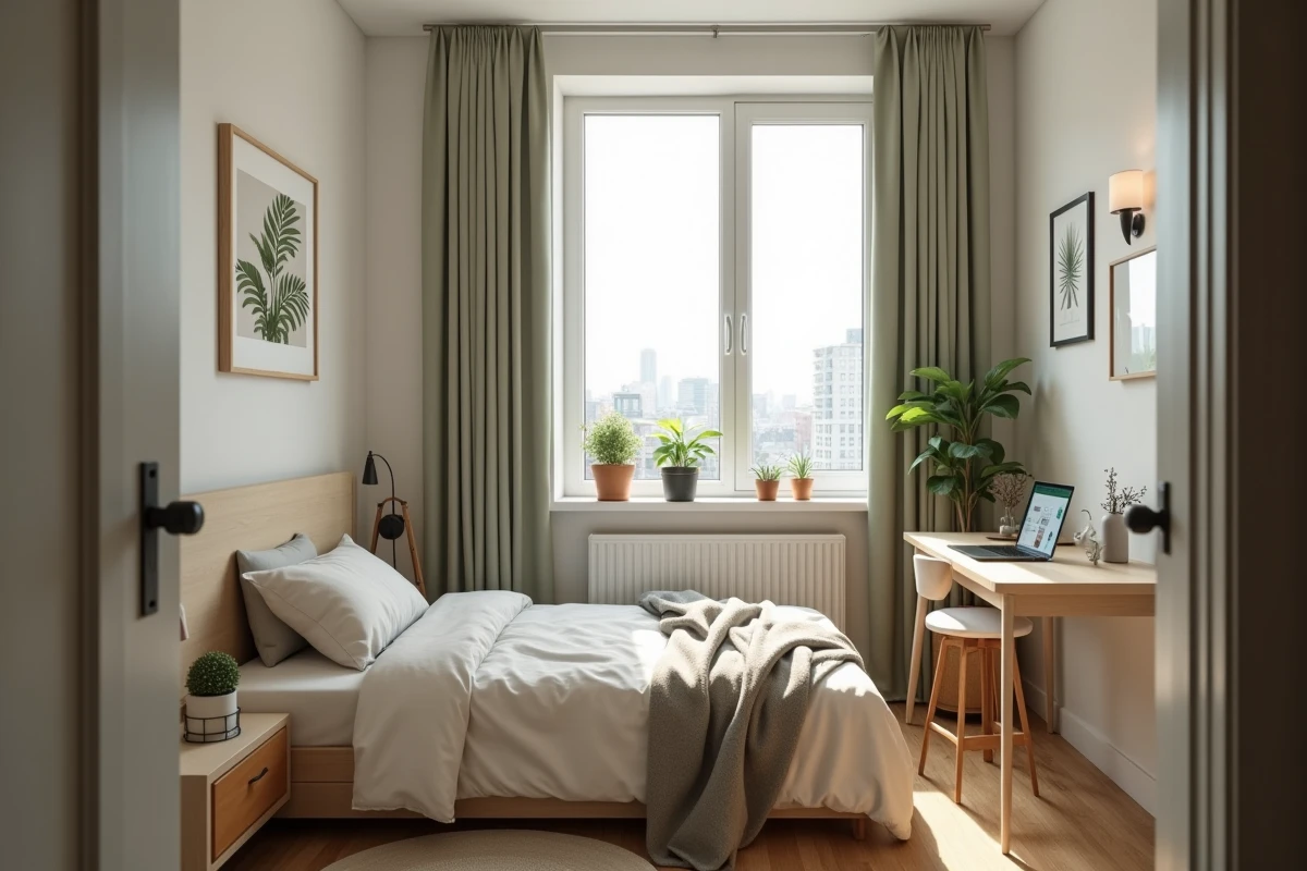 Studio meublé décor scandinave avec literie en lin neutre, plantes vertes et ordinateur affichant une appli de décoration