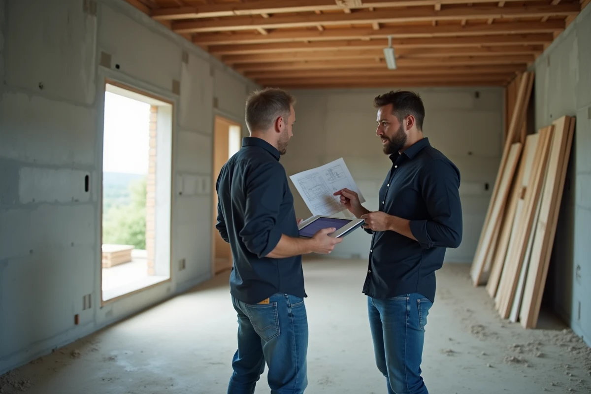 Homme consultant un plan numérique sur tablette dans une pièce en cours de rénovation aux murs en béton brut