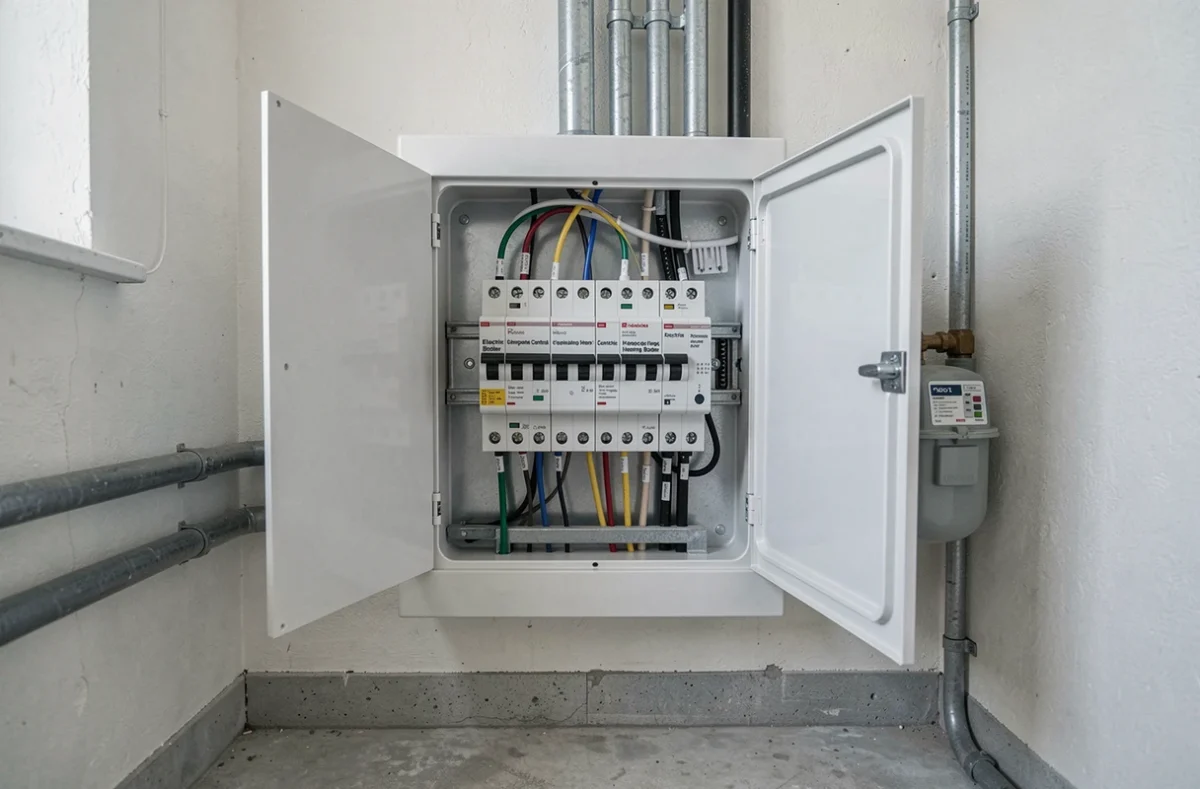 Tableau électrique avec disjoncteurs dédiés à une chaudière électrique pour chauffage central dans une maison