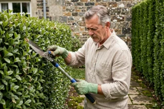 Homme taillant une haie de troènes dans un jardin résidentiel en respectant la réglementation saisonnière