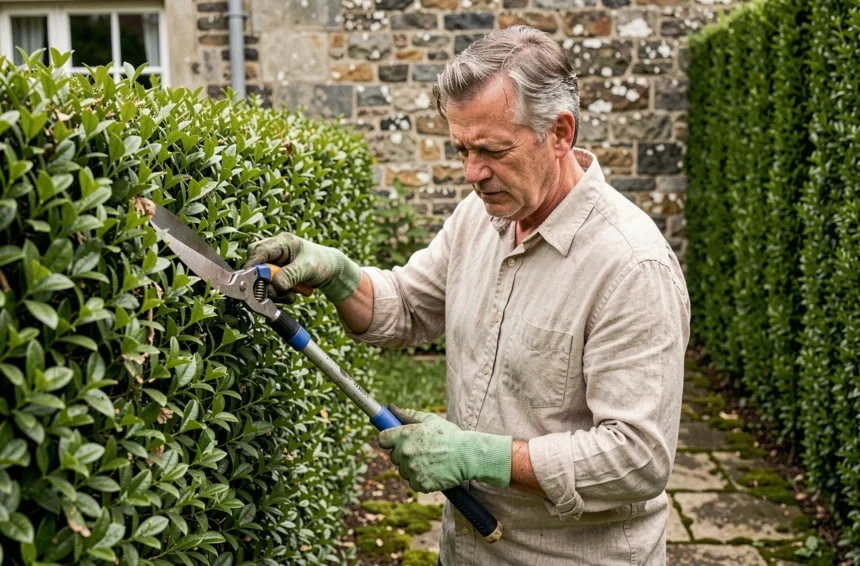 Homme taillant une haie de troènes dans un jardin résidentiel en respectant la réglementation saisonnière