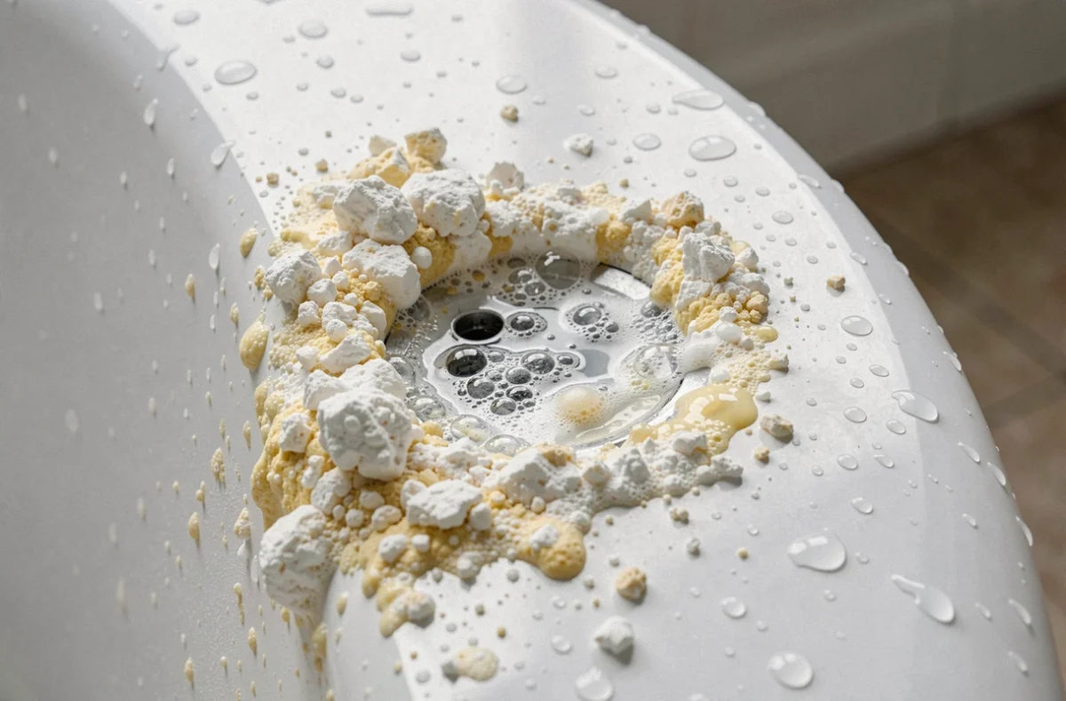 Gros plan sur le tartre épais autour de la bonde d'une baignoire en acrylique avec un produit détartrant en action