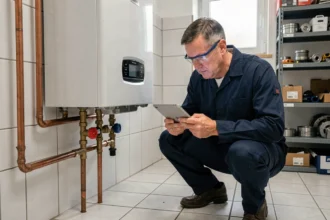 Technicien inspectant une chaudière à gaz moderne dans une chaufferie carrelée, comparaison chaudière vs pompe à chaleur