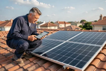 Technicien inspectant des panneaux solaires sur un toit résidentiel avec une tablette numérique affichant la production d'énergie