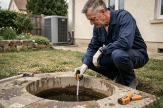 Technicien inspectant un puits pour l'installation d'une pompe à chaleur eau/eau dans un jardin résidentiel