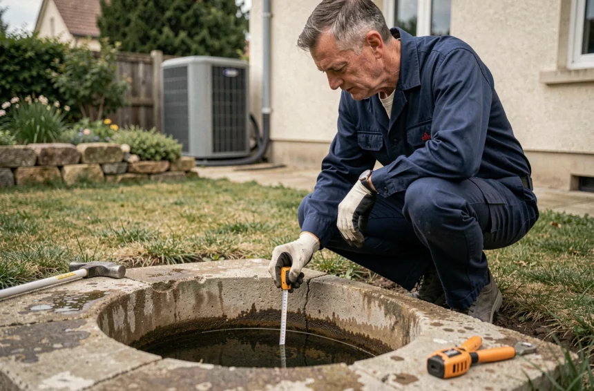 Technicien inspectant un puits pour l'installation d'une pompe à chaleur eau/eau dans un jardin résidentiel