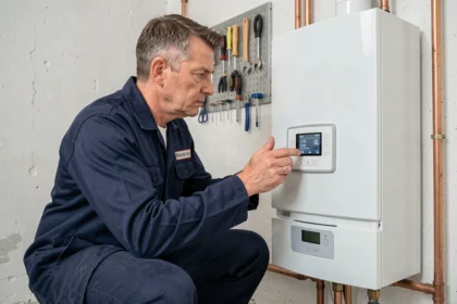 Technicien installant une chaudière électrique pour chauffage central dans une chaufferie domestique