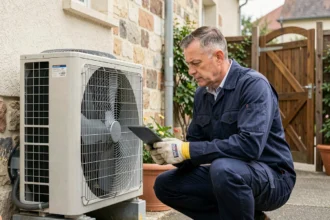 Technicien HVAC installant une pompe à chaleur air-air sur la façade extérieure d'une maison pavillonnaire