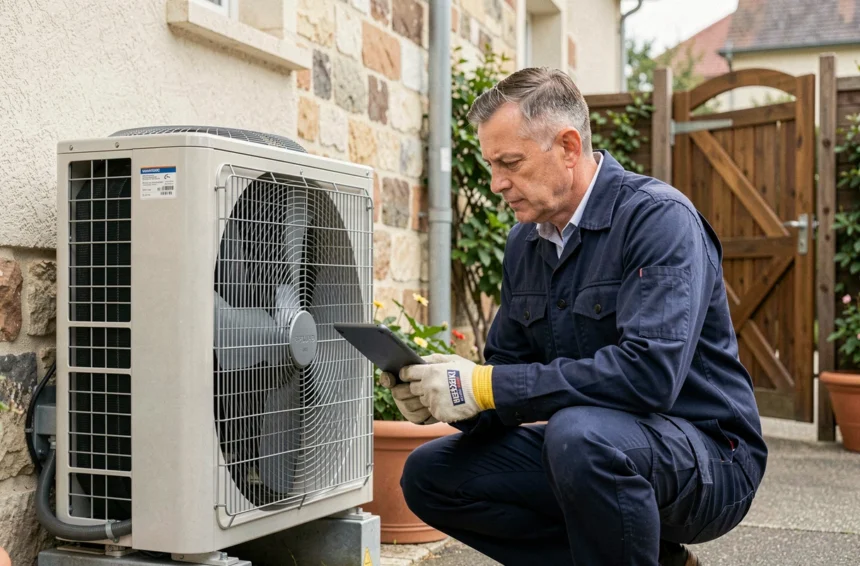 Technicien HVAC installant une pompe à chaleur air-air sur la façade extérieure d'une maison pavillonnaire