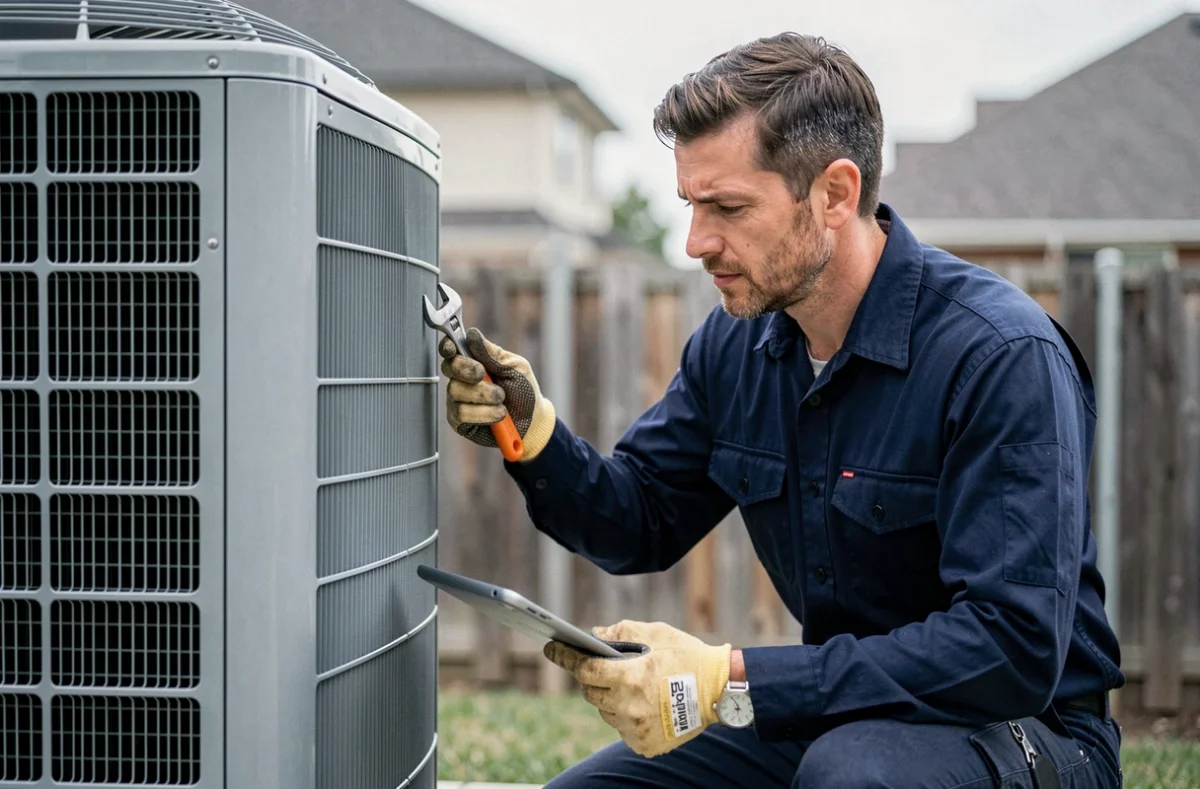 Technicien en maintenance inspectant une pompe à chaleur résidentielle avec tablette de diagnostic