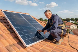 Technicien inspectant un panneau solaire 400W installé sur un toit en tuiles de maison résidentielle