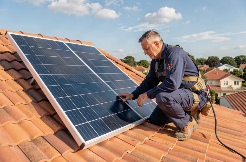 Technicien inspectant un panneau solaire 400W installé sur un toit en tuiles de maison résidentielle