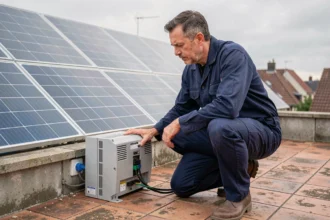 Technicien installant un panneau solaire plug and play triphasé sur une terrasse résidentielle