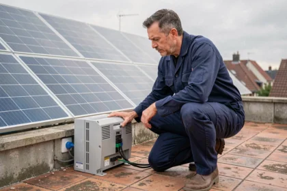 Technicien installant un panneau solaire plug and play triphasé sur une terrasse résidentielle