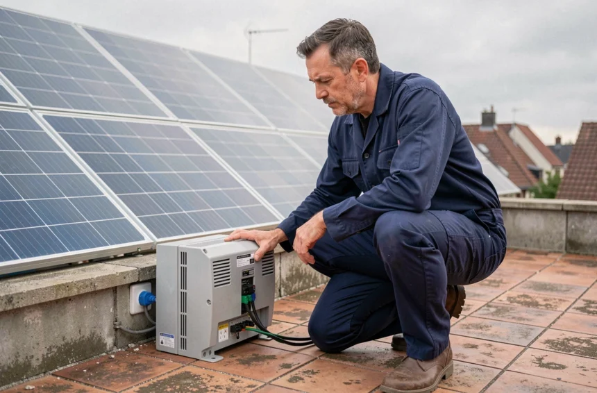Technicien installant un panneau solaire plug and play triphasé sur une terrasse résidentielle