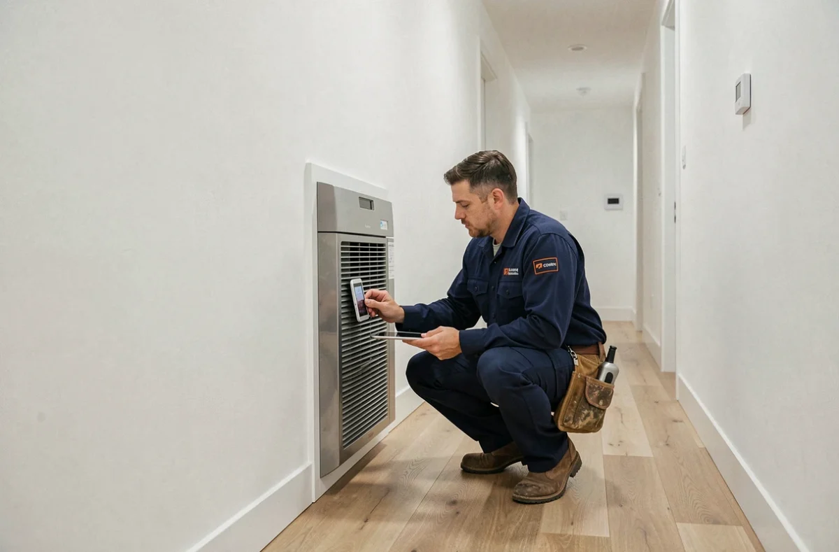 Technicien en climatisation réglant une unité de ventilation dans un couloir résidentiel rénové selon les standards RIBO T